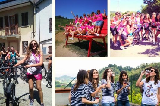 varie immagini di ragazze che festeggiano addio al nubilato in e-bike nelle Langhe